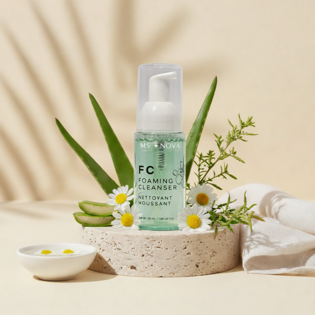 Nettoyant moussant MS Nova ambiance spa - Aloe Vera Camomille Hamamélis sur plateau pierre

